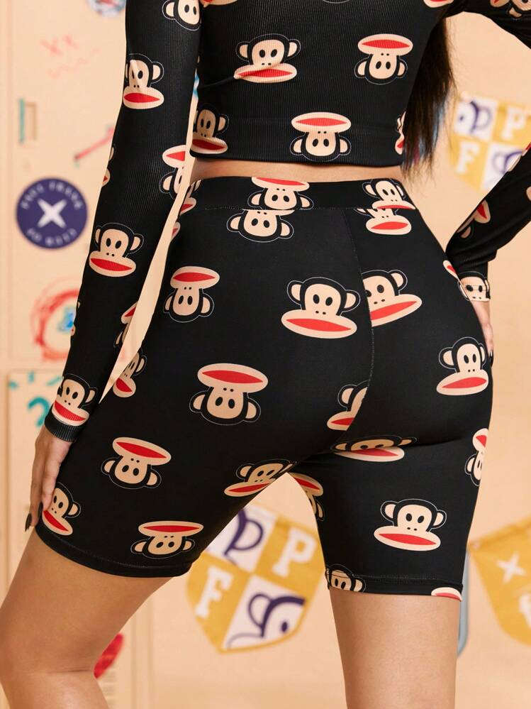 Paul Frank X SHEIN Women's High Waist Cartoon Monkey Print Cycling Shorts - Black - View 2