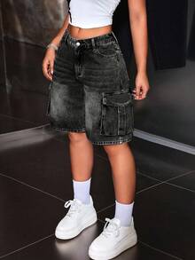 SHEIN Tall Y2K 女士口袋 3D 工装牛仔短裤，休闲水洗骑行短裤，牛仔黑色牛仔短裤，女式牛仔短裤，Y2k 牛仔短裤 - 灰色 - 查看 5
