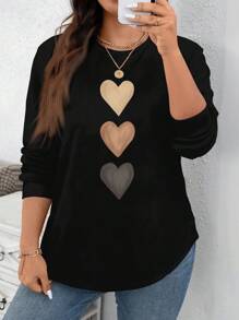 SHEIN LUNE 大码休闲简约心形印花宽松圆领运动衫 - 白色 - 查看 2