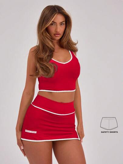 Musera Sport Contrast Binding Detail Small Split Sports Gym Skort Only, Padel Tennis Racquetball Pickleball Gym Fitness Fall Winter