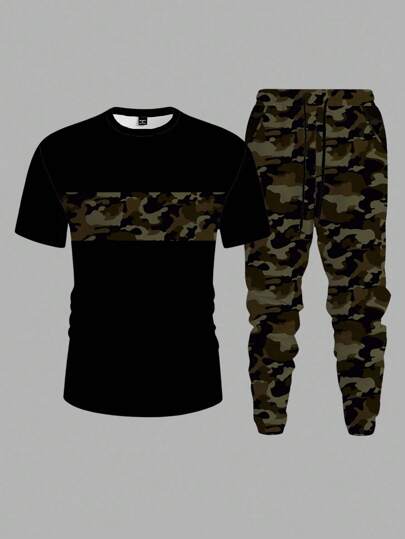 Manfinity Homme 2pcs/Set Fashionable Casual Camouflage Color Block Slim Fit Crew Neck T-Shirt And Pants Set For Men