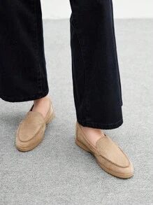 CUCCOO BIZCHIC 女士杏色绒面革舒适休闲乐福鞋，平底一脚蹬鞋，适合户外、通勤、工作、日常穿着，百搭 - 杏色 - 查看 6