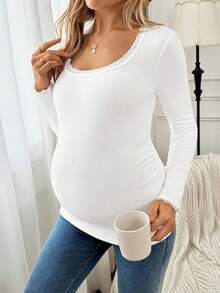 SHEIN Maternity Solid Color Fleece Contrast Lace Round Neck Long Sleeve Fitted T-Shirt - White - View 3
