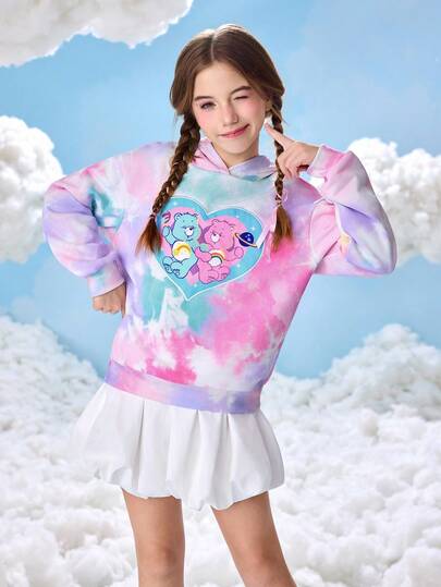 SHEIN X Care Bears Customized Tween Girl Y2K Dopamine Oversized Heart & Bear Print Applique Embroidery Tie-Dye Sweatshirt, Suitable For Spring, Autumn & Winter Fall