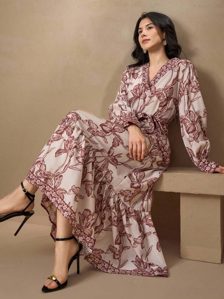 Floral Print V-Neck Belted Mid-Length Dress For Women Long Sleeve Dress Summer Women Dresses Sundress Maxi Dress Boho