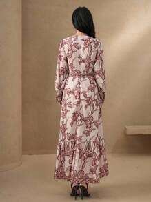 DAZY Vestido midi con estampado floral, cuello en V y cinturón para mujeres. Vestido de manga larga para verano, vestido largo tipo sundress, vestido boho para vacaciones - Caqui - Ver 2