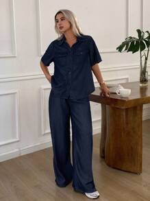 DAZY Women's Casual Loose Denim Shirt And Wide Leg Jeans Set - Dark Wash - View 6