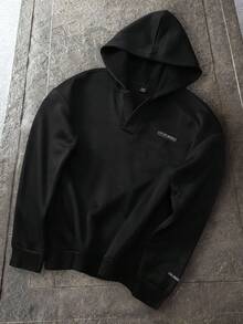 Chillumni 男士休闲简约半开超大连帽宽松休闲拼色螺纹小印花连帽衫，落肩连帽衫，图案连帽衫，男士图案连帽衫，男友礼物，男士图案连帽衫超大运动衫男士男士超大街头潮流运动衫超大连帽衫 - 黑色 - 查看 3