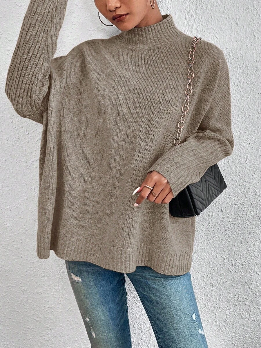 SHEIN Cottnline 女式立領蝙蝠袖毛衣 - 杏色 - 查看 1