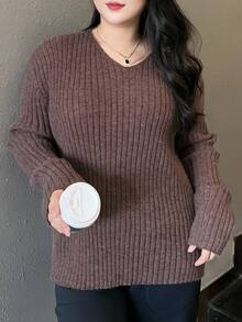 Dazy Plus V-Neck Solid Ribbed Loose Casual Plus Size Sweater For Women, Autumn - Brown - View 9