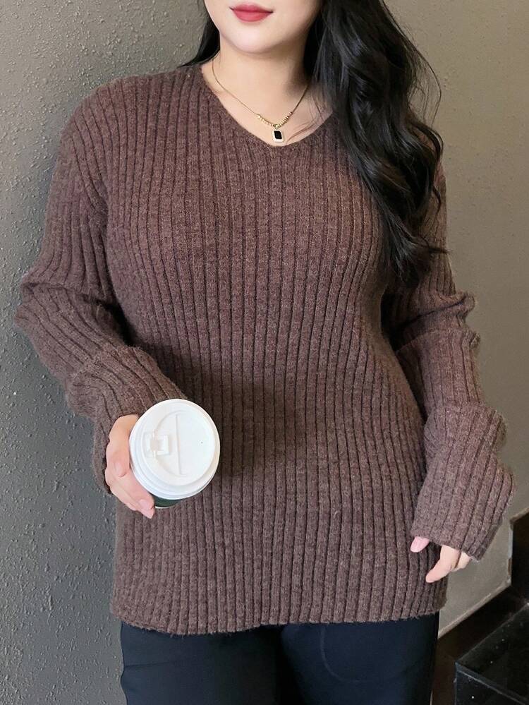 Dazy Plus V-Neck Solid Ribbed Loose Casual Plus Size Sweater For Women, Autumn