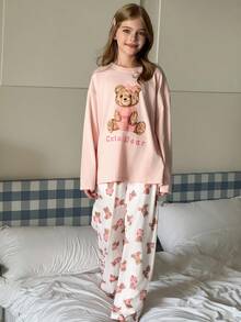 Hapijoa 青少年女孩字母和卡通熊印花长袖上衣和裤子睡衣套装 - 粉色 - 查看 5