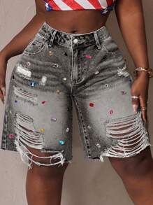 Slaydiva Plus Size Women Distressed Denim Shorts With Pockets And Rhinestone Decor - Dark Grey - View 5