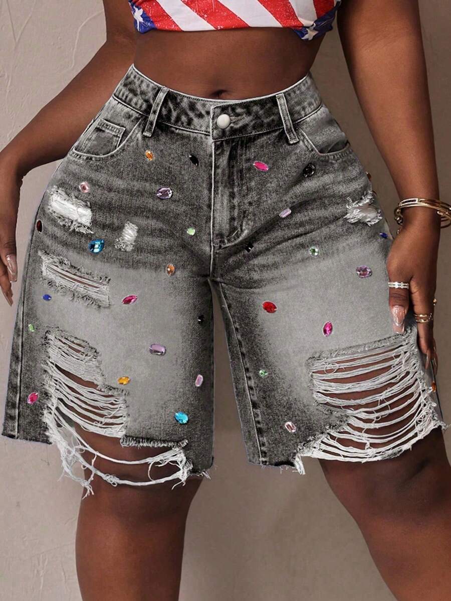 SHEIN Tall CURVE Plus Size Women Colorful Rhinestone Decor Pocket Distressed Frayed Hem Denim Shorts - Grey - View 1