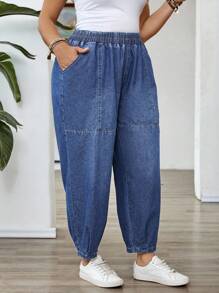 EMERY ROSE Plus Size Women Elastic Waist Pockets Tapered Casual Jeans,Fall Clothes For Women - Medium Wash - View 4