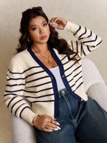 Elaquor Plus Size Women Casual Striped V-Neck Long Sleeve Cardigan In Fall/Winter