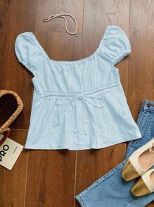 Comfortcana Textured Jacquard Ruched T-Shirt, Minimalist Fashion Casual For Everyday Wear - Blue - View 4