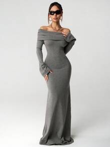 SHEIN ICON Vestido casual largo gris con hombros descubiertos de moda para mujer en otoño/invierno - Gris - Ver 4