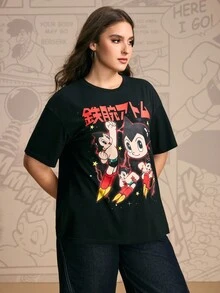 Astro Boy X SHEIN Camiseta holgada de manga caída con estampado de dibujos animados y japonés para mujer de talla grande, casual de verano - Negro - Ver 4