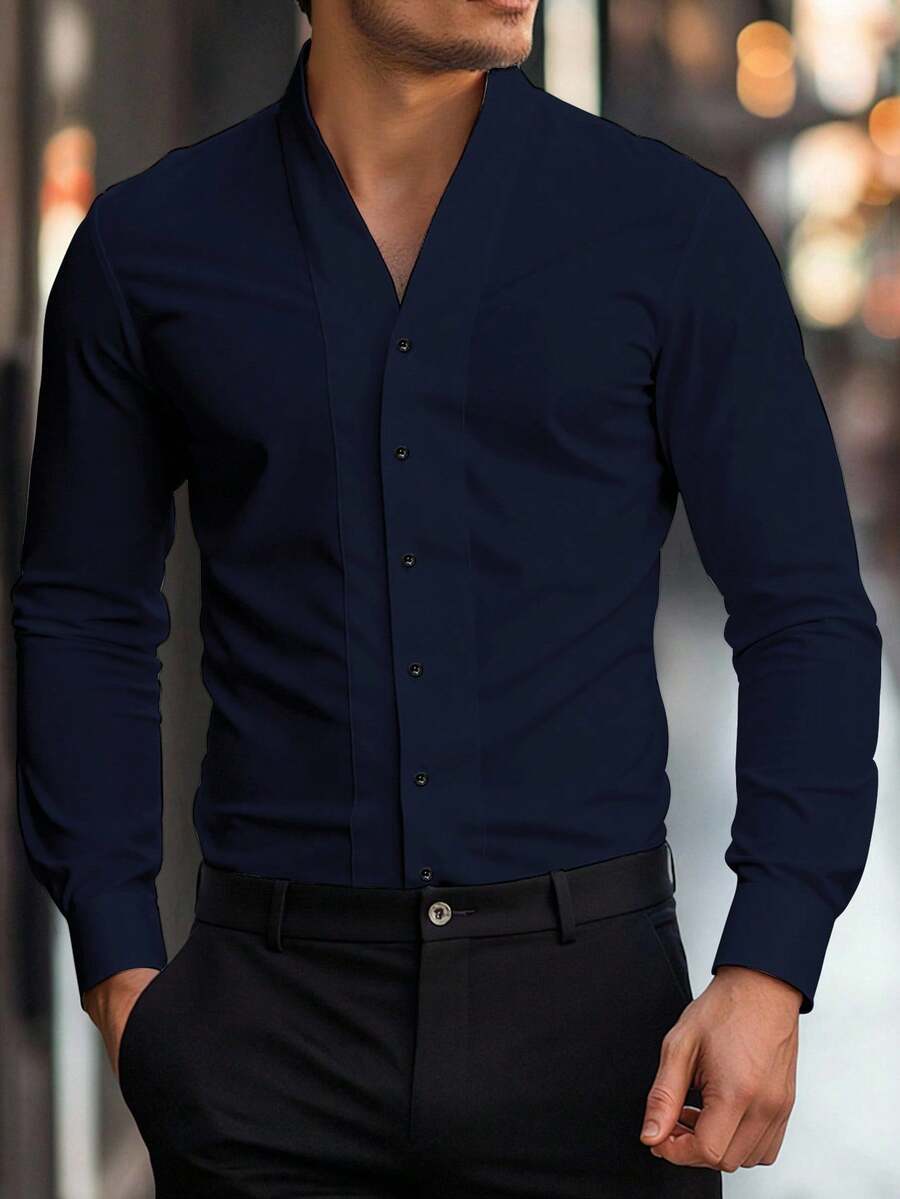 Manfinity Bizformal 男士商務休閒純色長袖單排扣襯衫,男士深藍色正裝襯衫,秋季,正式,儀式 - 藏蓝色 - 查看 1