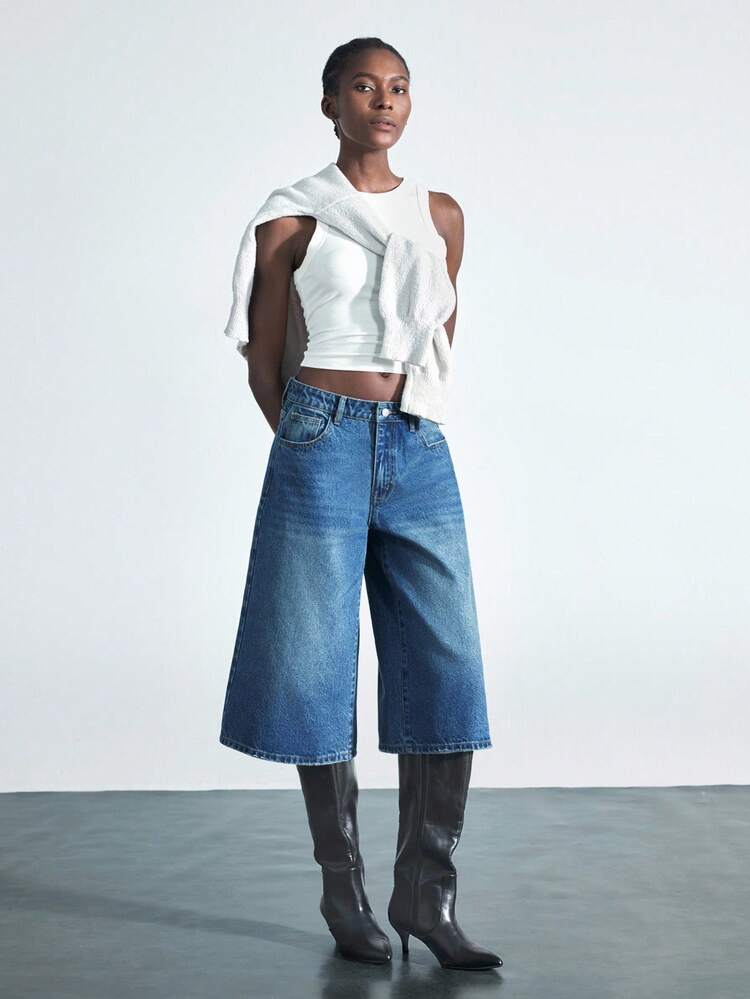 SHEIN Maija Women's Blue Denim Cropped Pants Low Waist Bermuda Casual French Style Autumn And Winter Wear