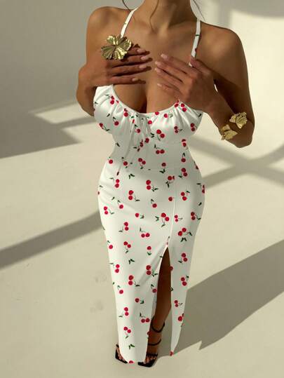 Aloruh Elegant Apricot & Cute Red Cherry All-Over Print Sexy Spaghetti Strap Dress, Suitable For Casual, Vacation, Party In Summer Chic Dress