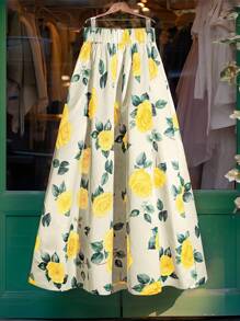 GlowEve Women's Elegant Commuter Floral Print A-Line Skirt Fall Cloth For Women - Apricot - View 2