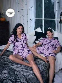 SHEIN Coupled Up Halloween Element Graphic Print Bubble Crinkle Shawl Collar Men Pajama Set  Cozy And Elegant Details - Purple - View 1