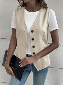 Leighera Button Front Vest Jacket Without Tee - Apricot - View 5