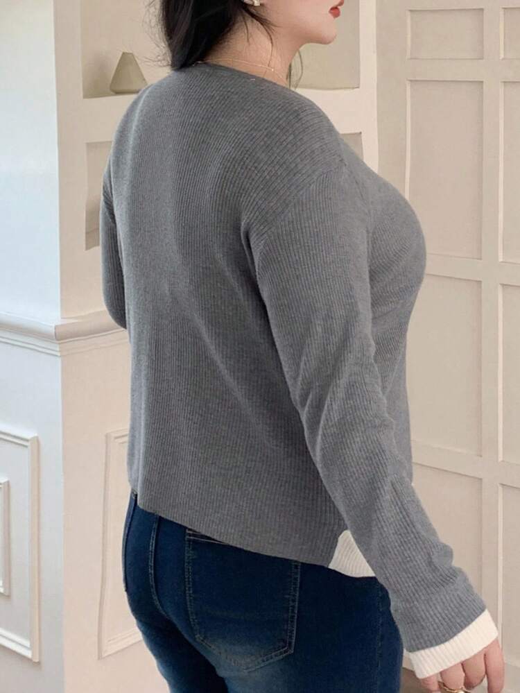 Dazy Plus Plus Size Women Casual Contrast Color Patchwork 2 In 1 Sweater Cardigan, Grey, Autumn/Winter