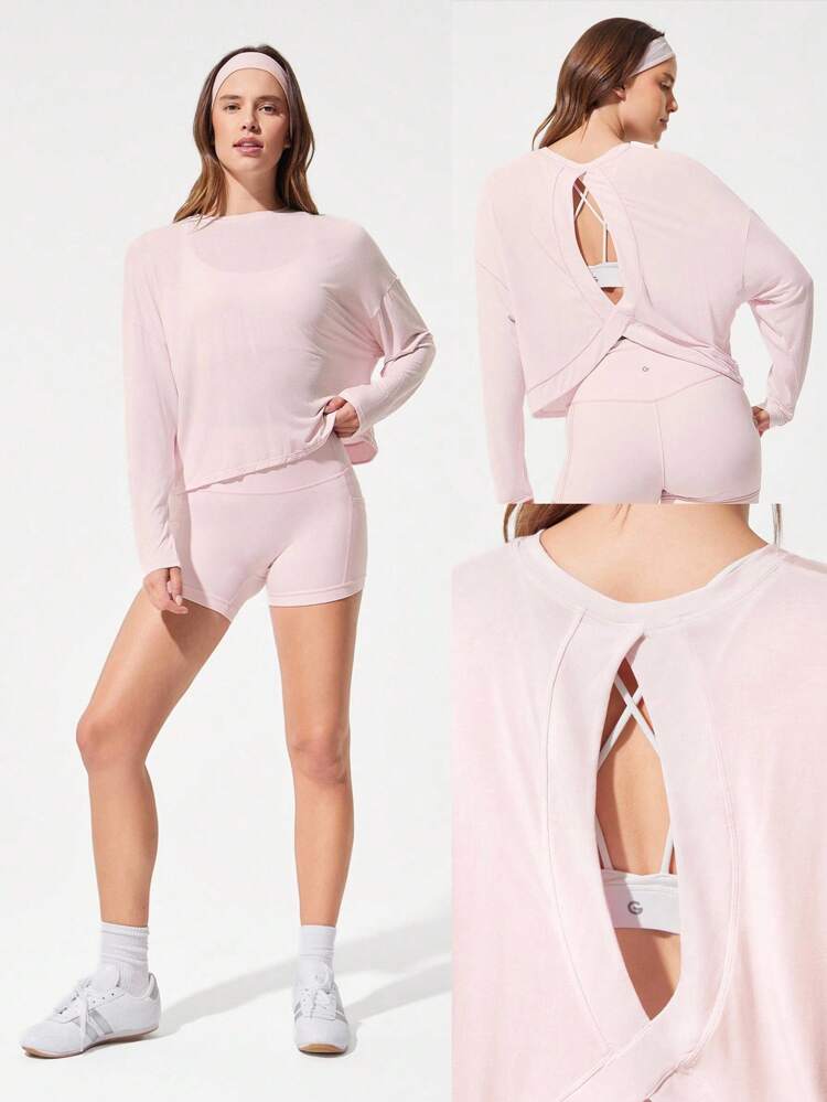 モーダル オーバーサイズ 長袖Tシャツ、キーホール バック、ローインパクトヨガ、デイリーカジュアル