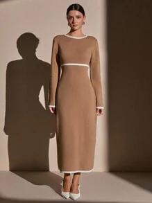 CLARA VERO DAMEN BEIGE LANG GESTRICKTES BODYCON KLEID - 7GG - HOHER SCHLITZ - LANGARM - WEISSE KANTENVERZIERUNG - HOHE ELASTIZITÄT - ELEGANTER STIL - Beige - Übersicht 3