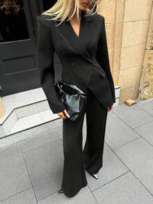 Aloruh Women's Basic Lapel NeckLong Sleeve Jacket And Pants Suit, Commuting & Daily Wear In Fall/Winter - Black - View 5