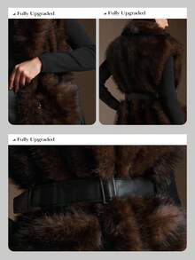 Anewsta 人造毛皮背心配皮带毛绒缺口翻领舒适冬季外套秋季、冬季、外出、优雅、别致、正式、圣诞节、婚礼、优雅派对 - 棕色 - 查看 3
