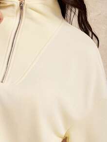 House of One Zip-Up Front Mock Neck Plain Casual Sweatshirt Women Autumn Winter Pullover For Women - Khaki - View 8