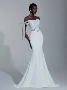 Elitara 优雅白色露肩飘袖蝴蝶结透视网眼鱼骨露肩鱼尾长拖尾婚纱，可调节肩带适合婚礼、毕业典礼、舞会、晚礼服 - 白色 - 查看 6