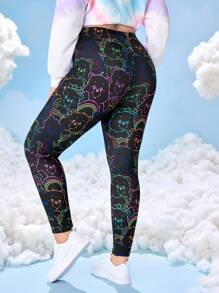 SHEIN X Care Bears 大码卡通熊图案高腰紧身裤 - 黑色 - 查看 2