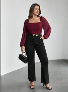 Firerie 加大方领灯笼袖上衣 - 酒紅色 - 查看 10