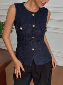 Livesso Áo ba lỗ không tay cổ tròn ôm sát mùa hè dành cho nữ - Màu xanh hải quân - Xem 3