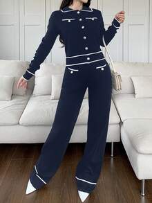 Feyla 2pcs Women Contrast Color Block Button Front Pocket Long Sleeve Top And Pants Set 2 Pieces Set In Fall/Winter - Blue - View 5