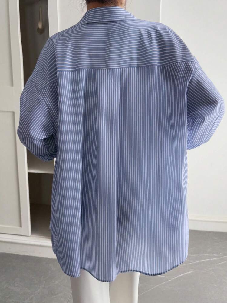 Women's Casual Commuter Striped Long Sleeve Dropped Shoulder Loose Blouse Fall Tops