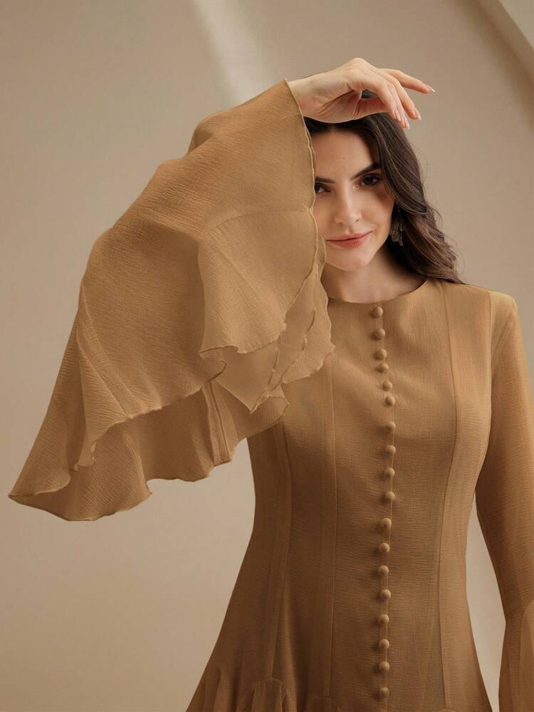 Elegant Milky White Long Sleeve Flared Dress With Button Flare Sleeves