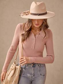 Wildy American Country Style Dusty Pink Autumn Casual Everyday Tight Fitted Polo Collar Half-Zip Slim Fit Pullover Sweater Ribbed Knit Top Button Down - Pink - View 9
