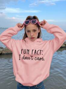 有趣的字母，有趣的事实，我不在乎图形少女休闲厚连帽长袖运动衫，适合秋冬季 - 粉色 - 查看 3