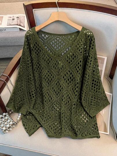 GlowEve CURVE Plus Size Women Hollow Out 3/4 Sleeve Knitted Sweater Winter Fall Autumn