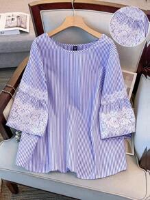 GlowEve CURVE 大码女式条纹印花上衣简约圆领拼接蕾丝外出度假夏季波西米亚风蕾丝上衣