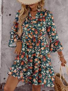 EMERY ROSE Casual Ditsy Floral Mini Dress For Women, Suitable For Summer, Multi-Layer Ruffle Skirt, Puff Sleeve, Retro Ditsy Ditsy Floral,Casual Dresses For Women Chic Dress - Multicolor - View 7