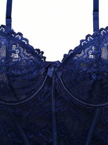 SHEIN Bộ 2 chiếc/Bộ váy maxi xẻ tà lưới xếp nếp ren tương phản & bộ đồ lót dây chữ G - Màu xanh hải quân - Xem 8