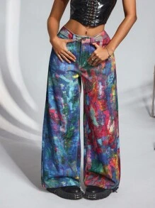 SHEIN CURVE+ Plus Size Colorful Print Casual Denim Jeans - Multicolor - View 6