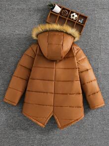 SHEIN Kids/Tween Boys' Brown Winter Padded Coat,Casual Hooded Parka Jacket,Suitable For School,Daily Casual,Travel,Sports,Autumn/Winter Children Jacket - Brown - View 2